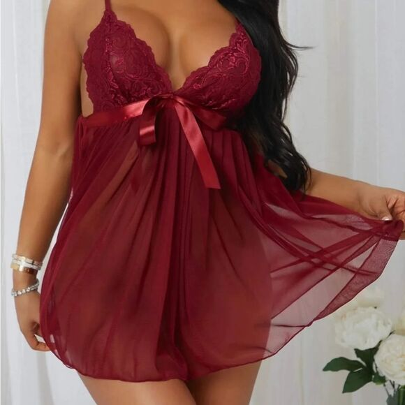 Mesh Dress with Thong Plus Size Sexy Lingerie Set Christmas Babydoll Chemise US - Picture 1 of 5